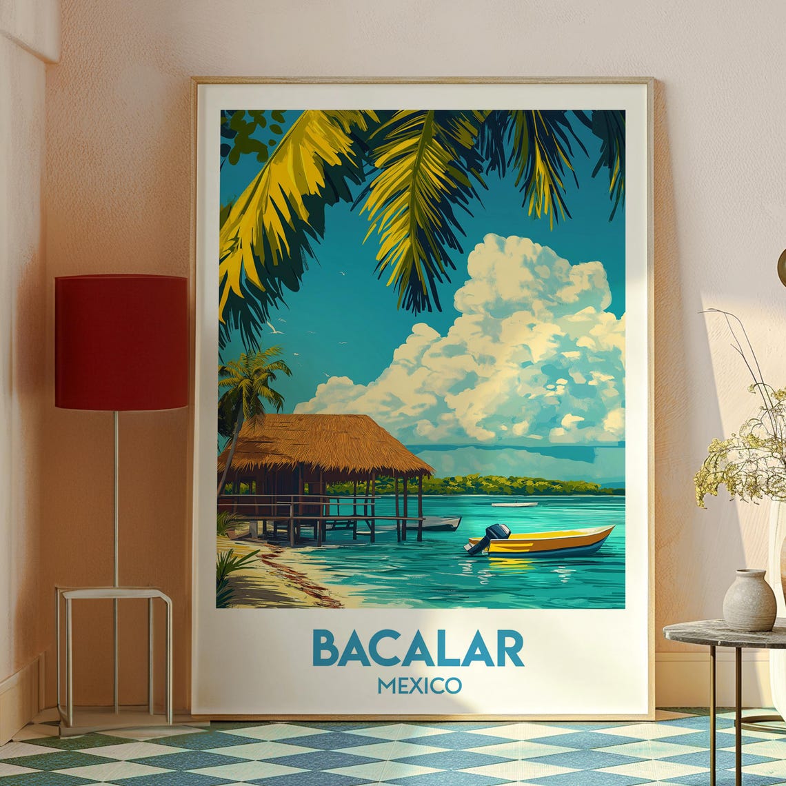 Bacalar Mexico Retro Travel Poster Lagoon Palapa Hut Palm Art - Image 2