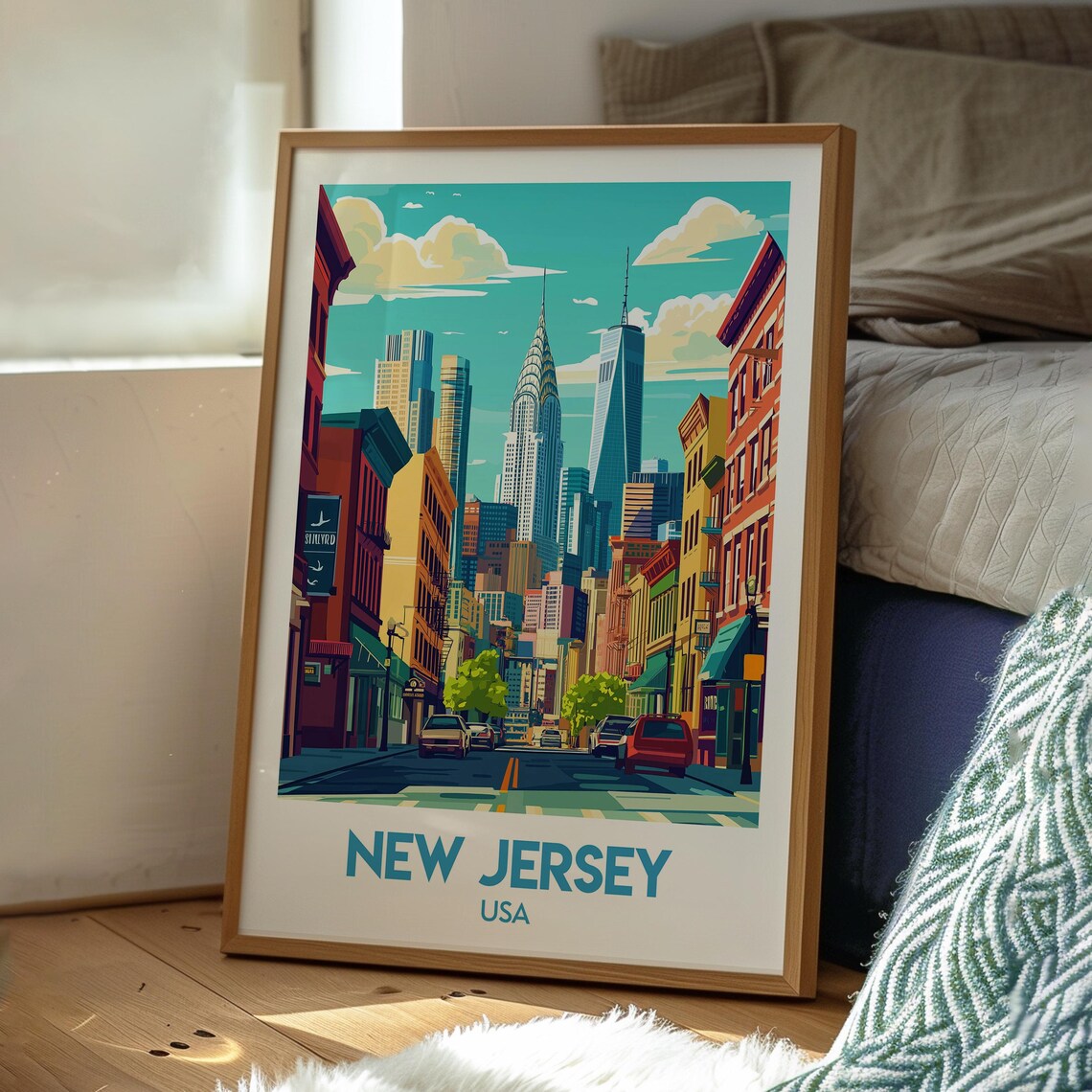 New Jersey USA Street View Manhattan Skyline Retro Travel Poster - Image 3