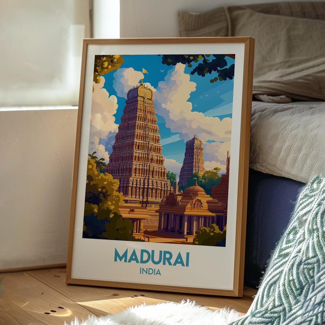 Madurai India Golden Temple Towers Retro Illustrated Travel Poster - Image 3