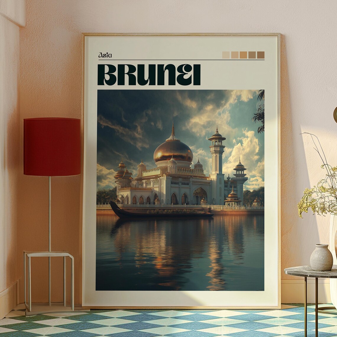 Brunei Golden Dome Mosque On Water Retro Vintage Travel Poster Art - Image 2