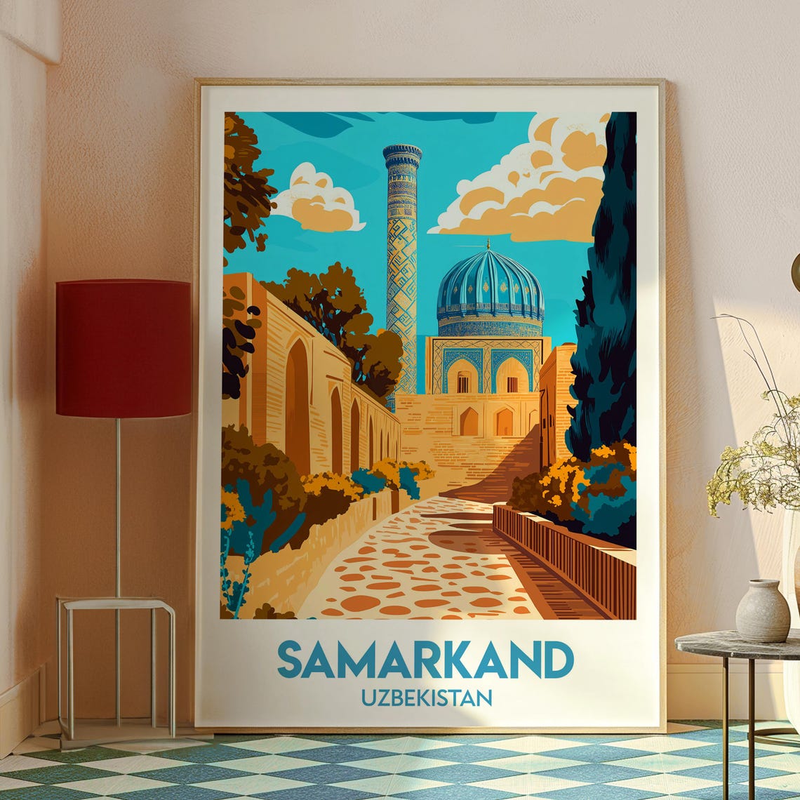 Samarkand Uzbekistan Blue Dome Mosque Courtyard Retro Travel Poster - Image 2