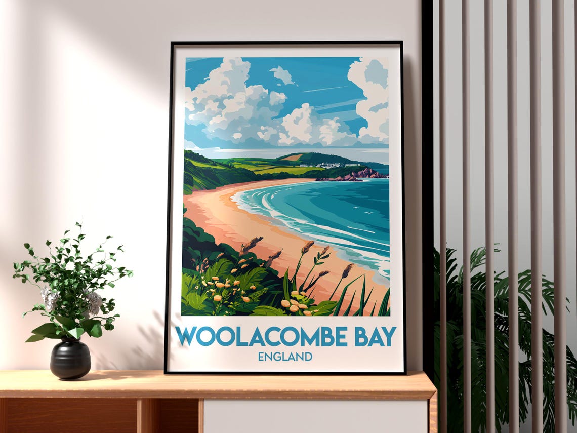 Woolacombe Bay England Sandy Beach Surf Waves Coastal Art Poster