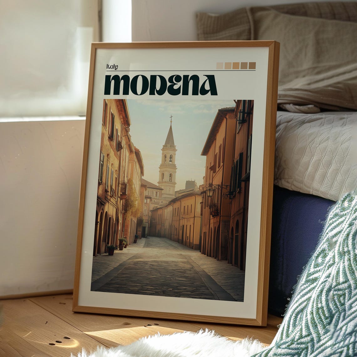 Modena Italy Historic Old Town Cobblestone Street Bell Tower Poster - Image 3