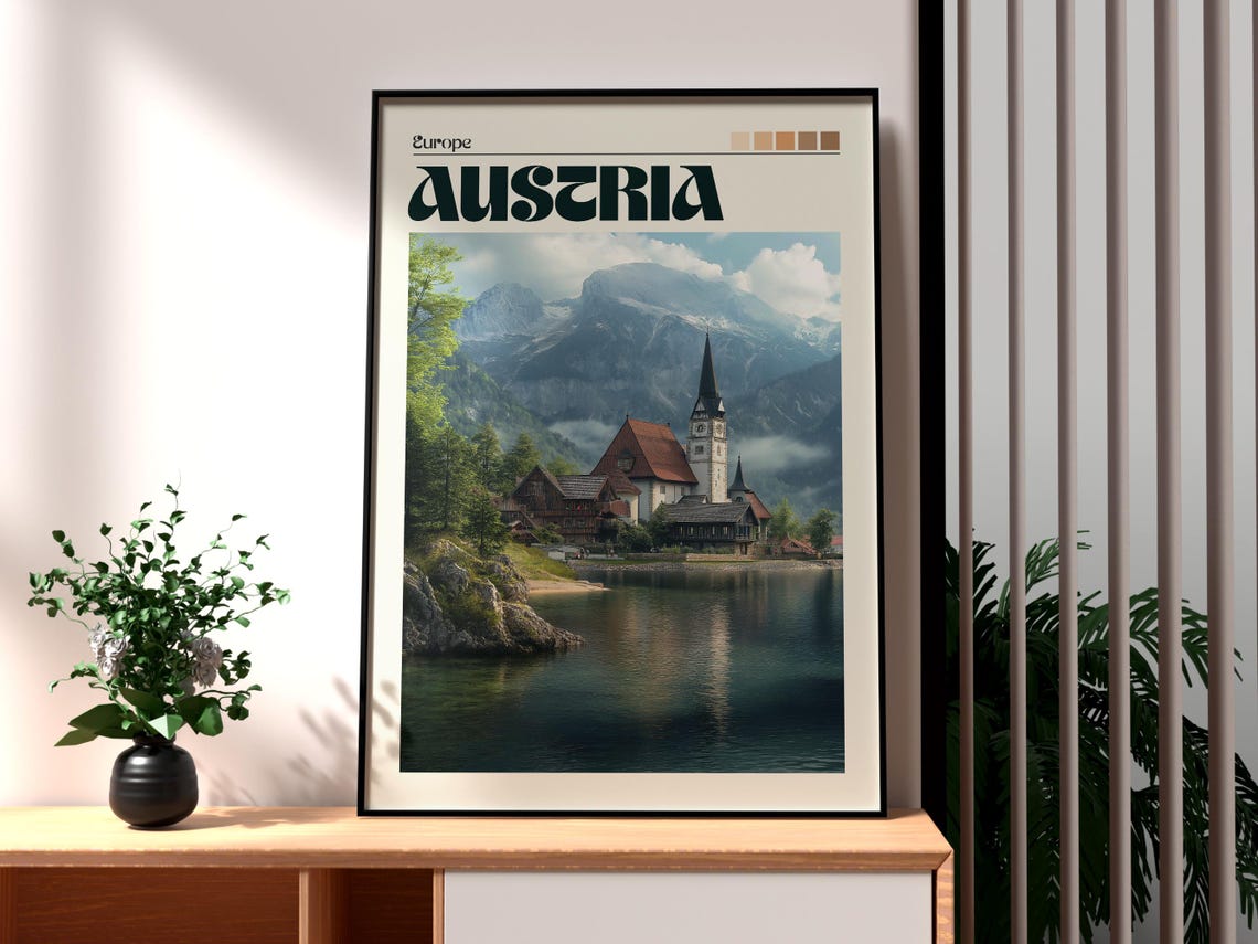 Austria Lakeside Village Church Mountain Lake Vintage Travel Poster