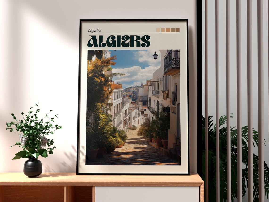 Algiers Algeria White City Alleyway Sunlit Retro Travel Art Poster