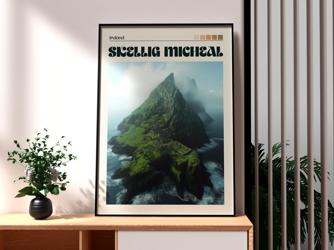 Skellig Michael Ireland Dramatic Sea Cliffs Misty Island Peak Poster