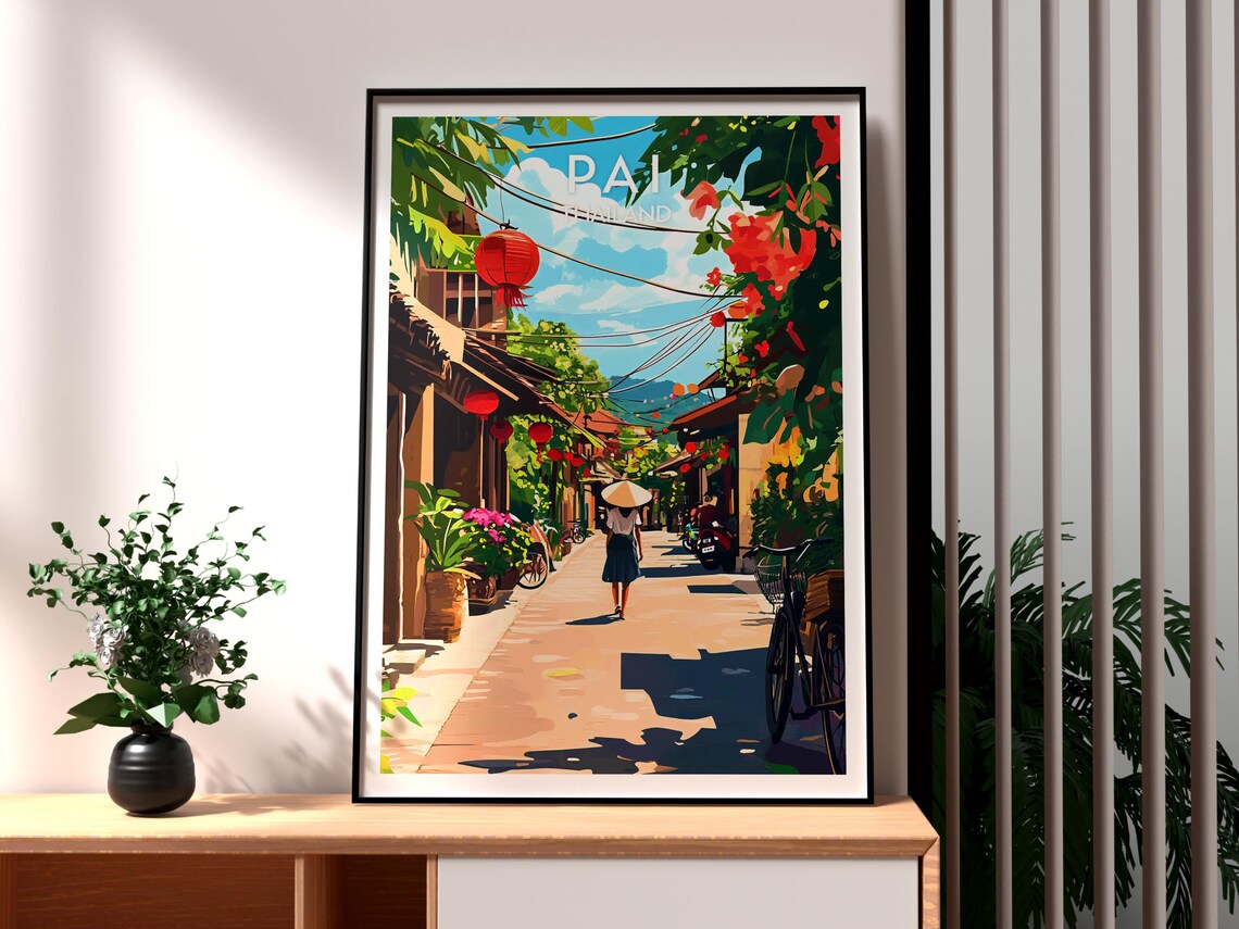 Pai Thailand Lantern Street Woman With Conical Hat Travel Poster