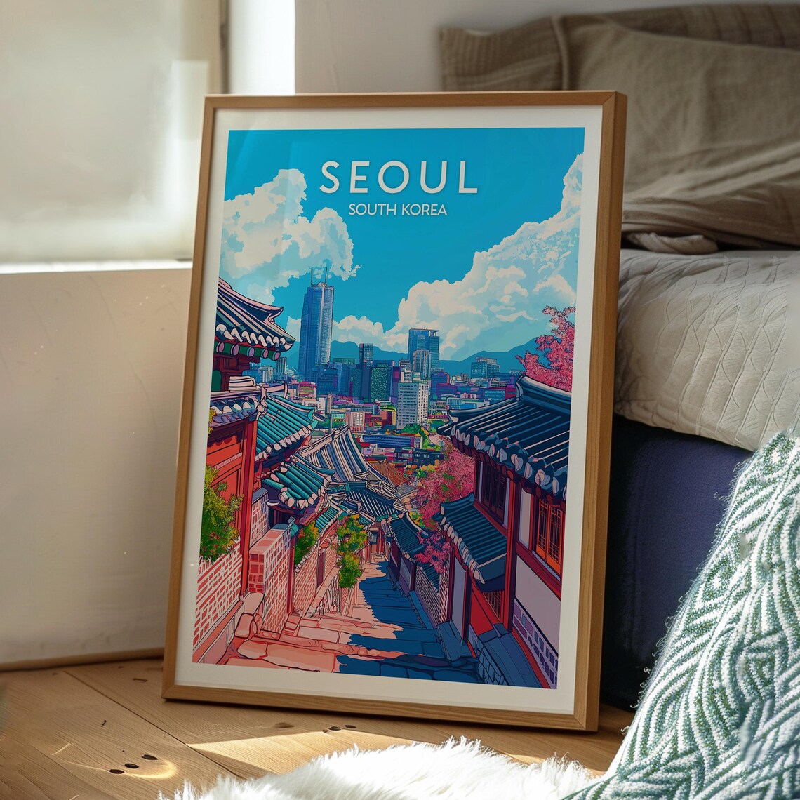 Seoul South Korea Traditional Hanok Alley Skyline View Travel Poster - Image 3