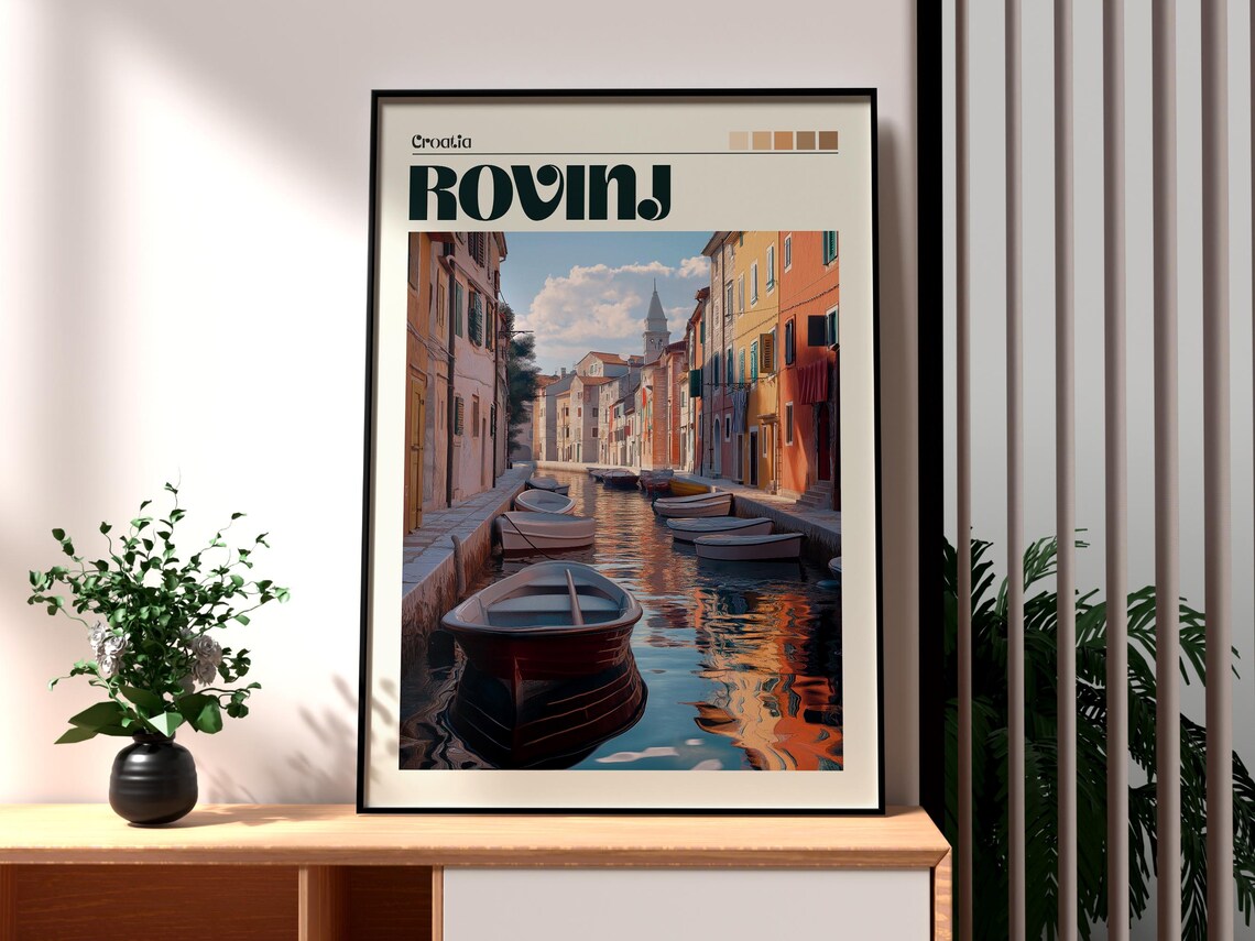 Rovinj Croatia Canal Boats Colorful Houses Retro Travel Poster