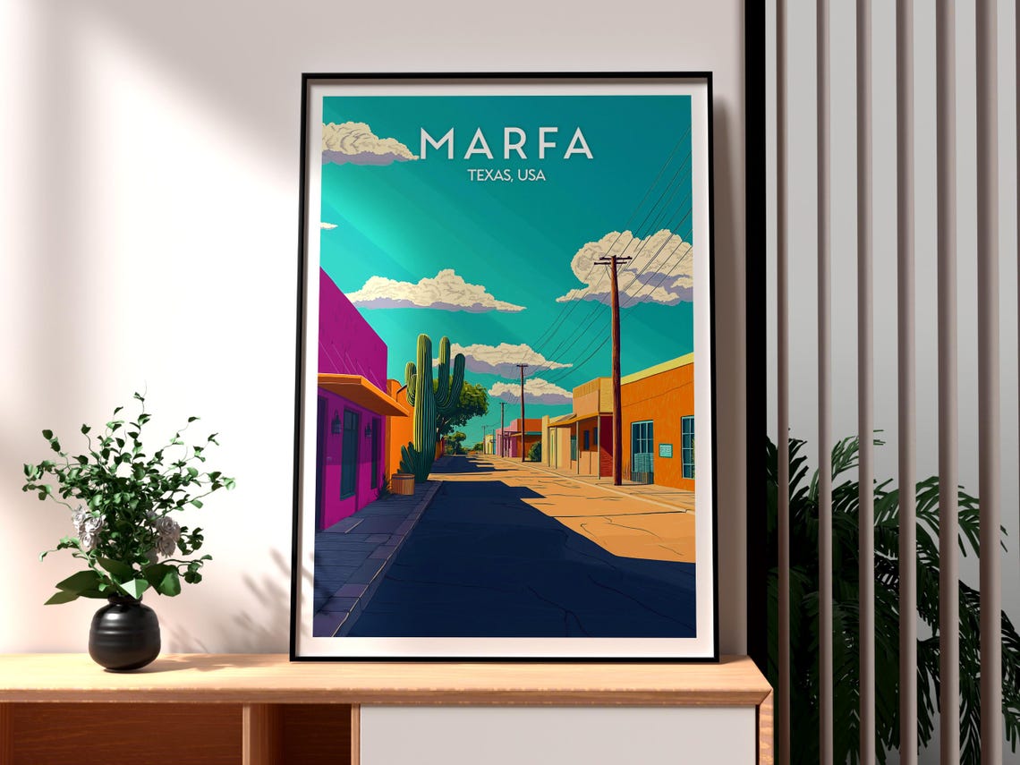 Marfa Texas USA Desert Street Cactus Adobe Buildings Travel Poster