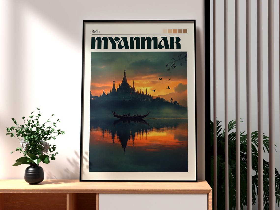 Myanmar Asia Temple Sunset Boat River Silhouette Travel Poster