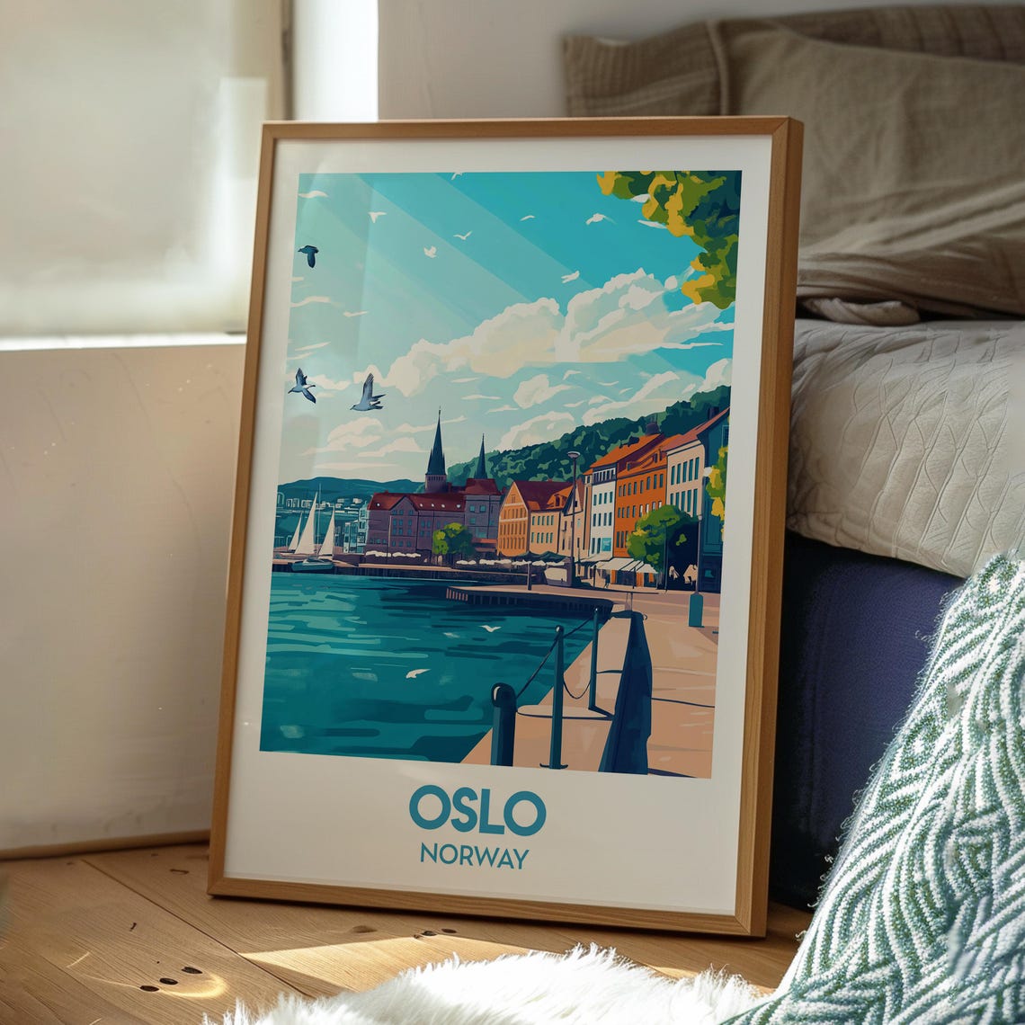Oslo Norway Sunny Harbor Waterfront Boats and Seagulls Poster - Image 3