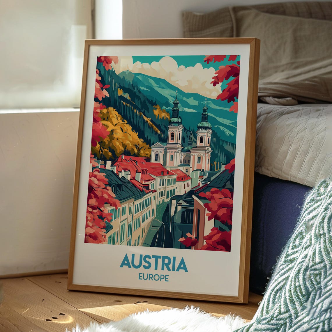 Austria Alpine Town Church Towers Mountain View Travel Poster - Image 3