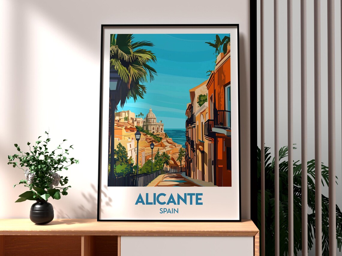 Alicante Spain Old Town Street Church Dome Sea View Travel Poster