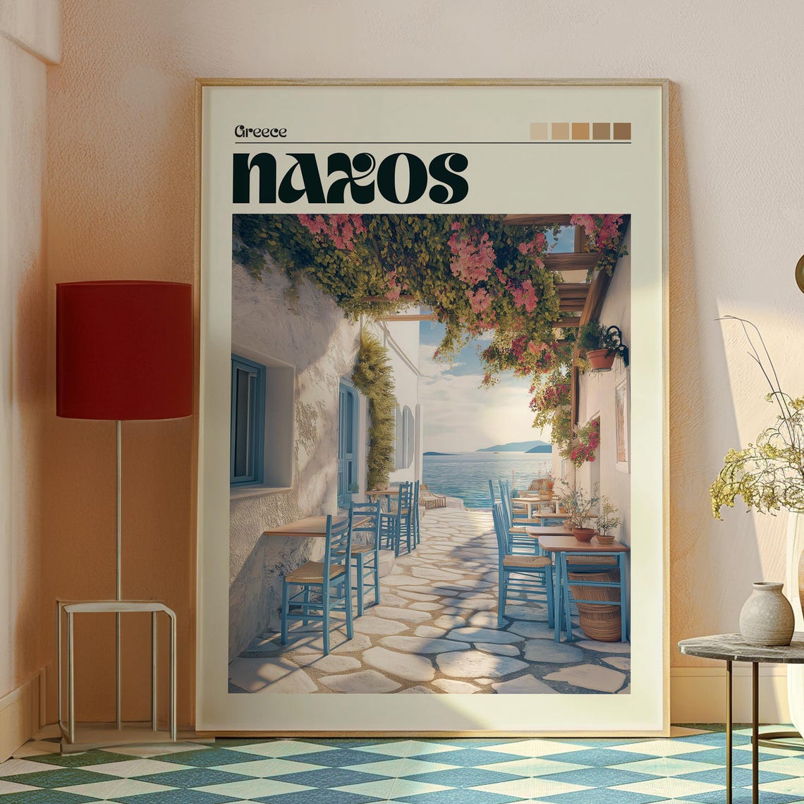 Naxos Greece Taverna Alley Bougainvillea Blue Chairs Sea Travel Poster - Image 2