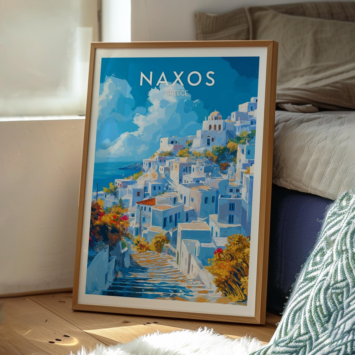 Naxos Greece Whitewashed Hillside Village Stone Steps Travel Poster - Image 3