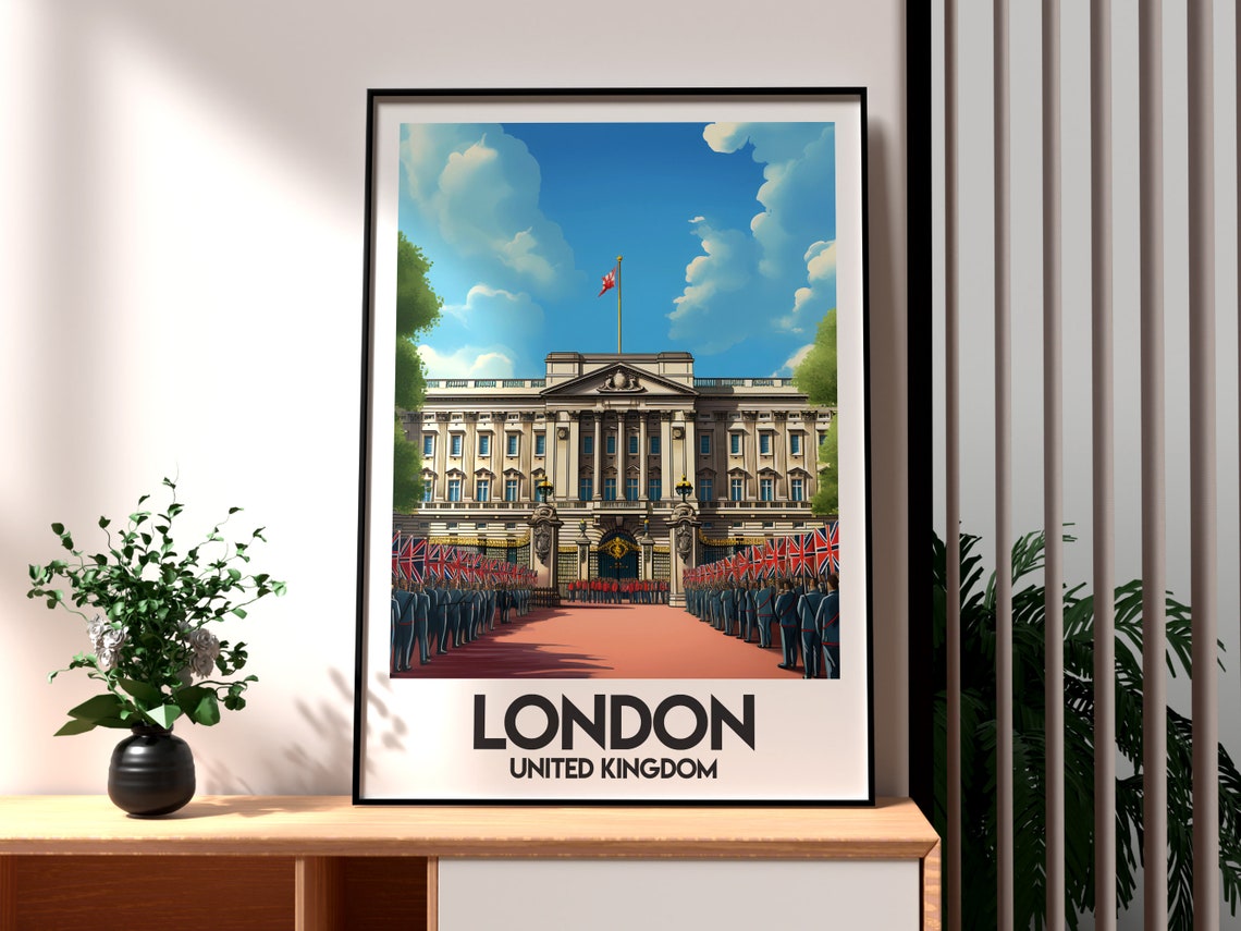 London UK Royal Buckingham Palace Guards and Union Flags Poster