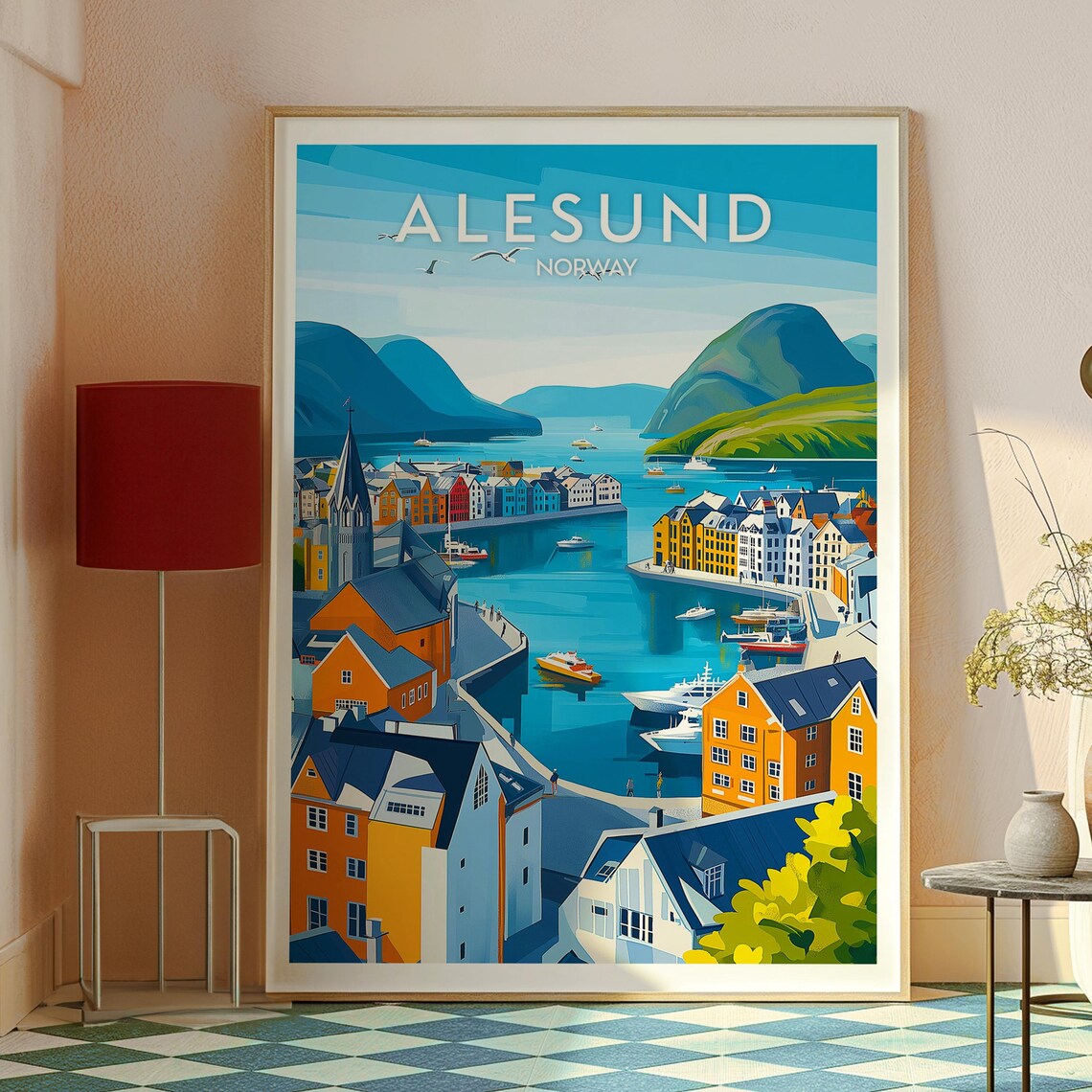Retro Alesund Norway Fjord Harbor Colorful Houses Travel Poster - Image 2