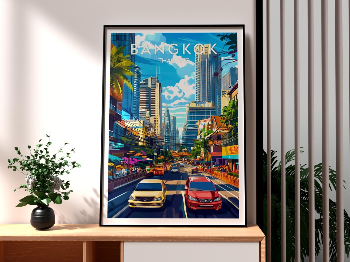 Bangkok Thailand Busy Street Taxis Skyscrapers Cityscape Poster