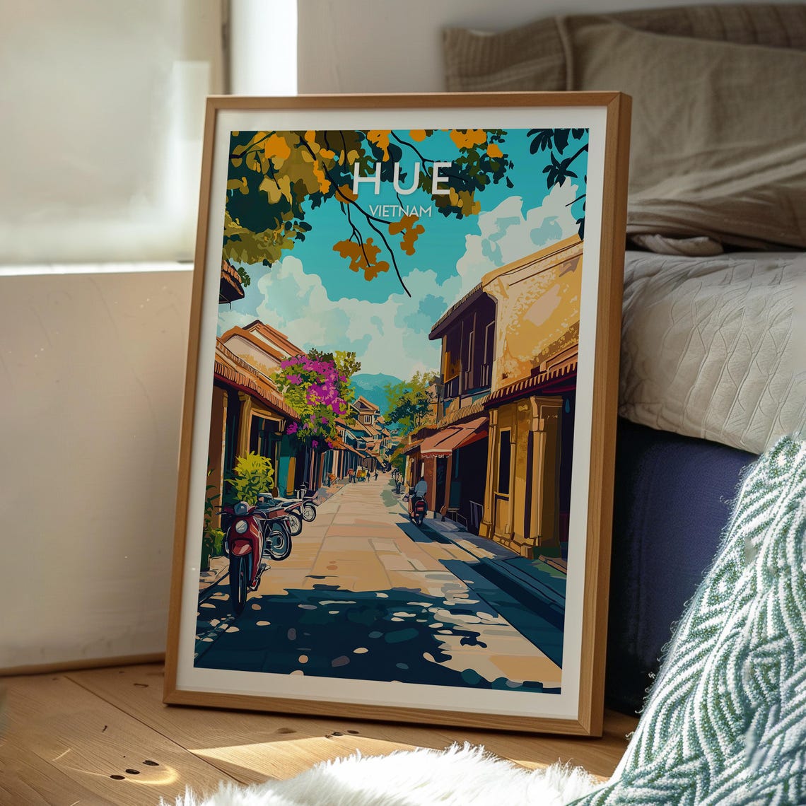 Hue Vietnam Old Town Street Motorbikes Golden Light Travel Poster - Image 3