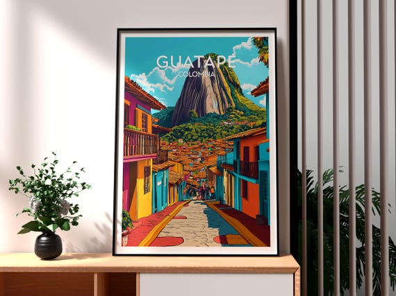 Guatape Travel Poster, Colombia Backpacking Art Print