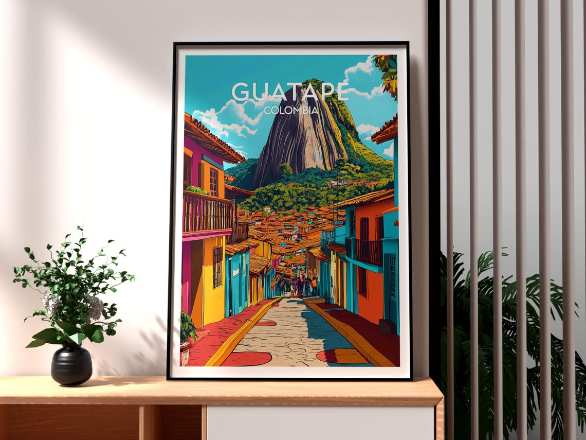 Guatape Travel Poster, Colombia Backpacking Art Print