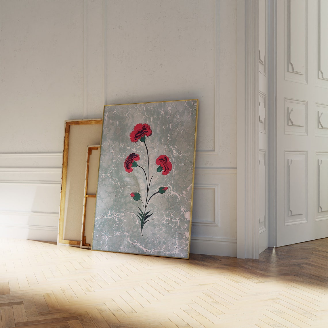Red Carnations Sage Green Marbled Background Floral Art Wall Poster - Image 2