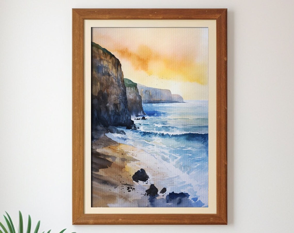 Sunset Over Ocean Cliffs Watercolor Beach Coastal Scene Poster