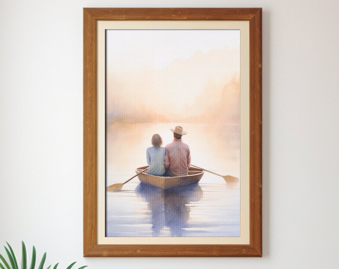 Romantic Couple Canoe Lake Sunset Watercolor Painting Poster