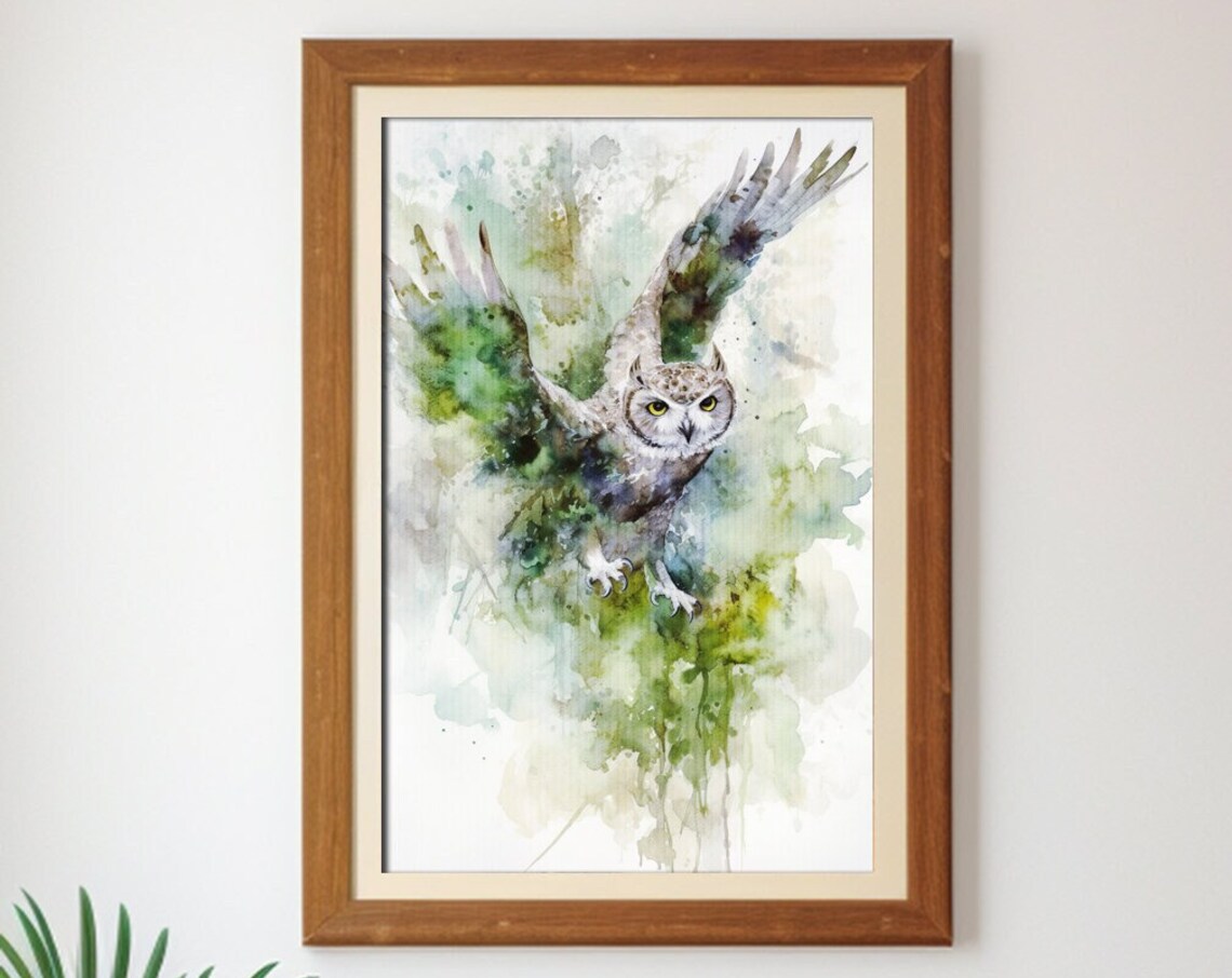 Owl in Flight Watercolor Painting Green Forest Night Bird Poster