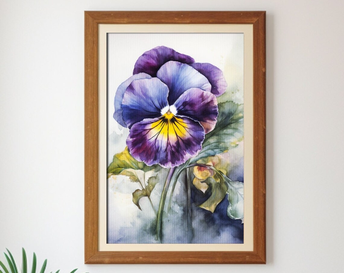 Purple Pansy Flower Watercolor Bloom Botanical Painting Poster