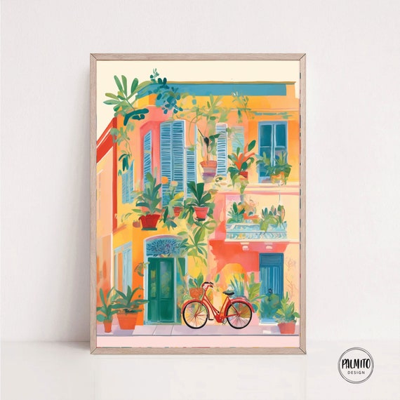 Colorful Facade Wall Art Vibrant Wall Art Colorful Print Facade And Bike Illustration Bold Print