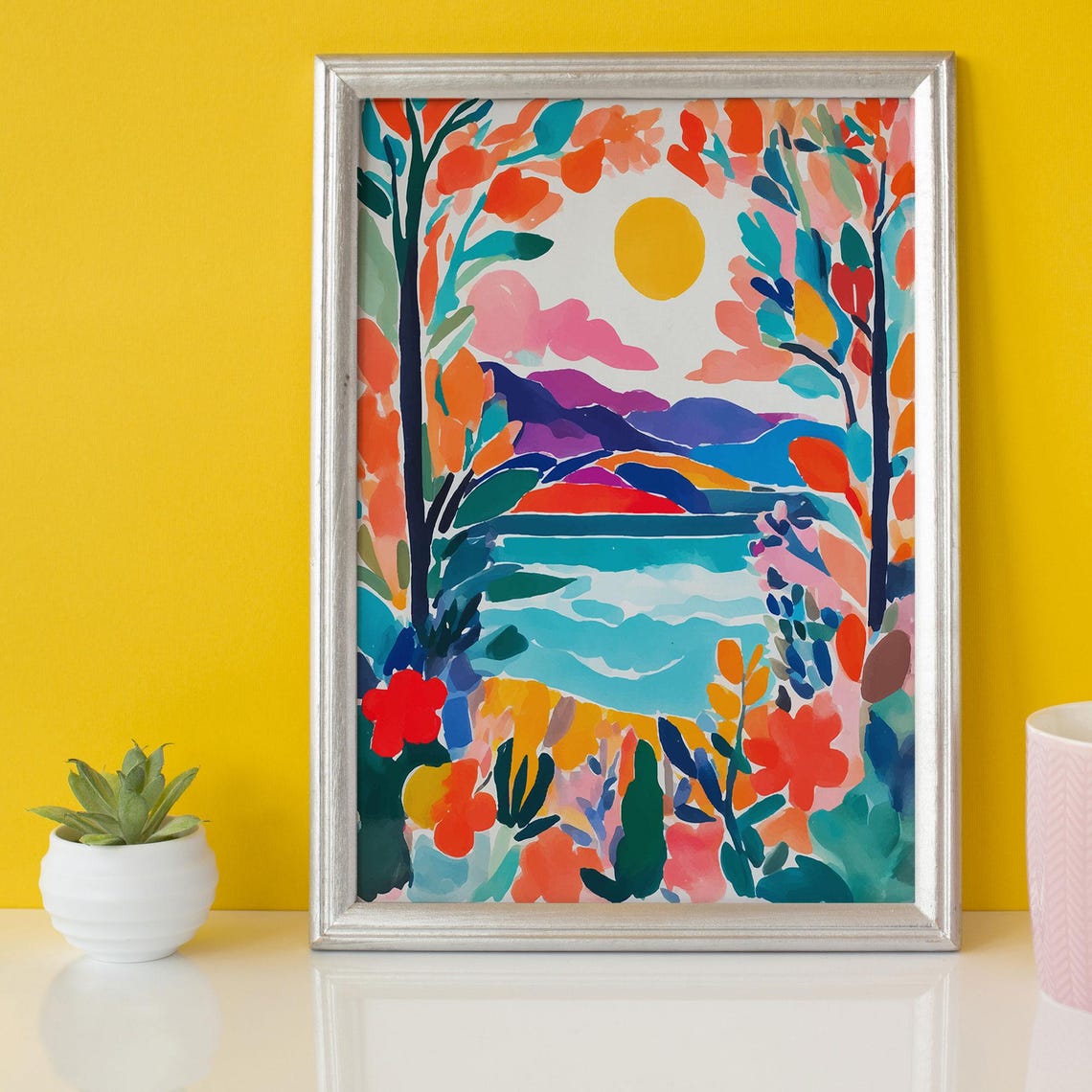 Fauvist Lake Sunset Colorful Hills Watercolor Landscape Poster - Image 4