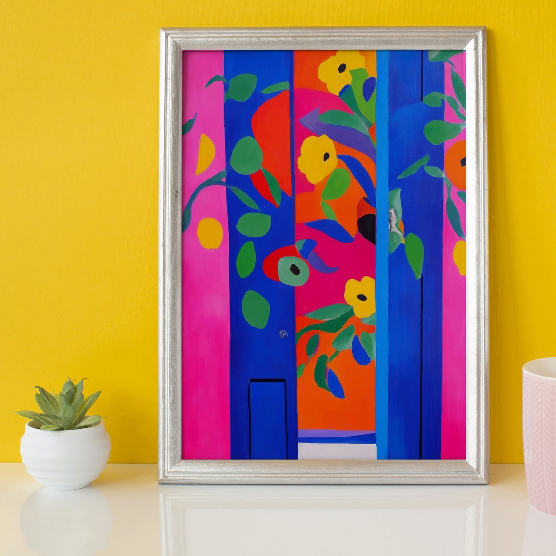 Abstract Blue and Pink Doorway with Yellow Flowers Art Poster - Image 2