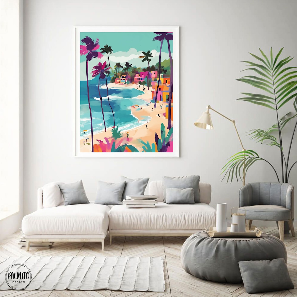 Pink Palm Trees Tropical Beach Cove Turquoise Water Art Poster - Image 4