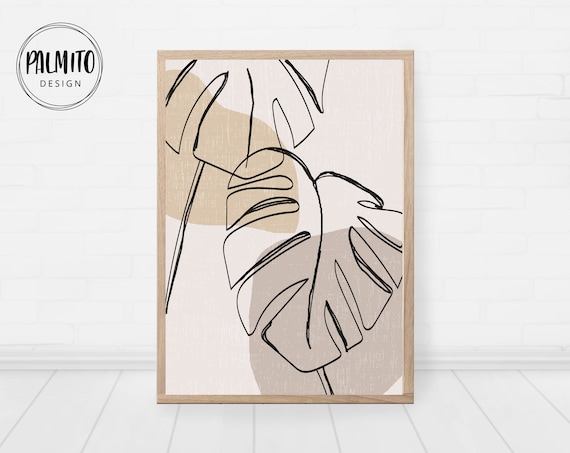 Line Drawing Of Tropical Palm Leaves Wall Art Monstera Leaf Neutral Tones Print Minimalist Wall Decor Poster Botanical Artwork