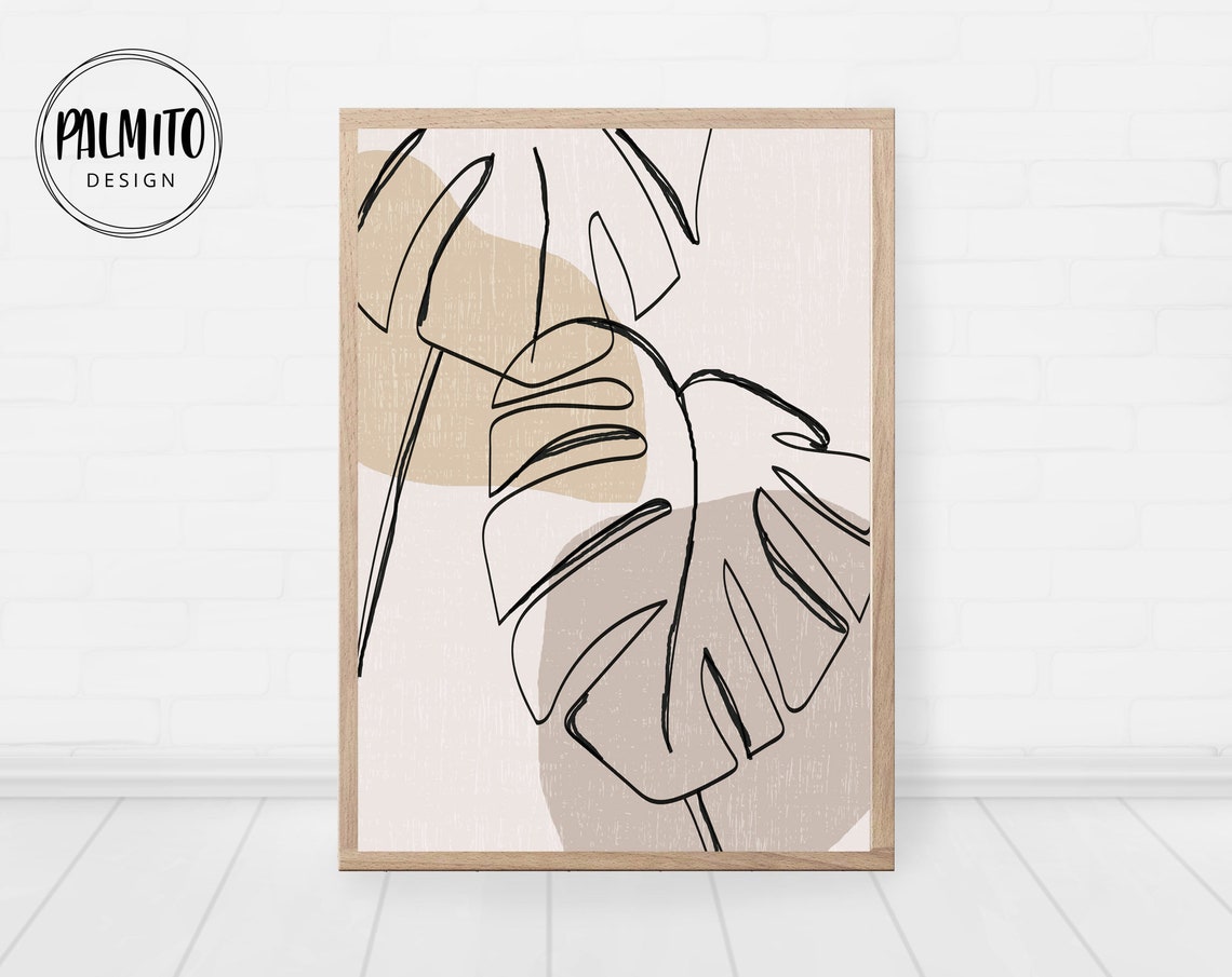 Monstera Leaf Line Drawing Beige Botanical Minimal Calm Poster