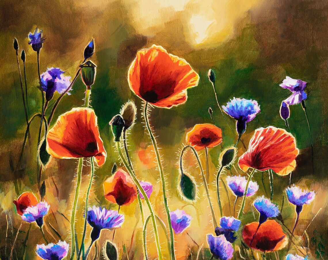 Poppy Field Oil Painting, Farmhouse Floral Wall Art Print