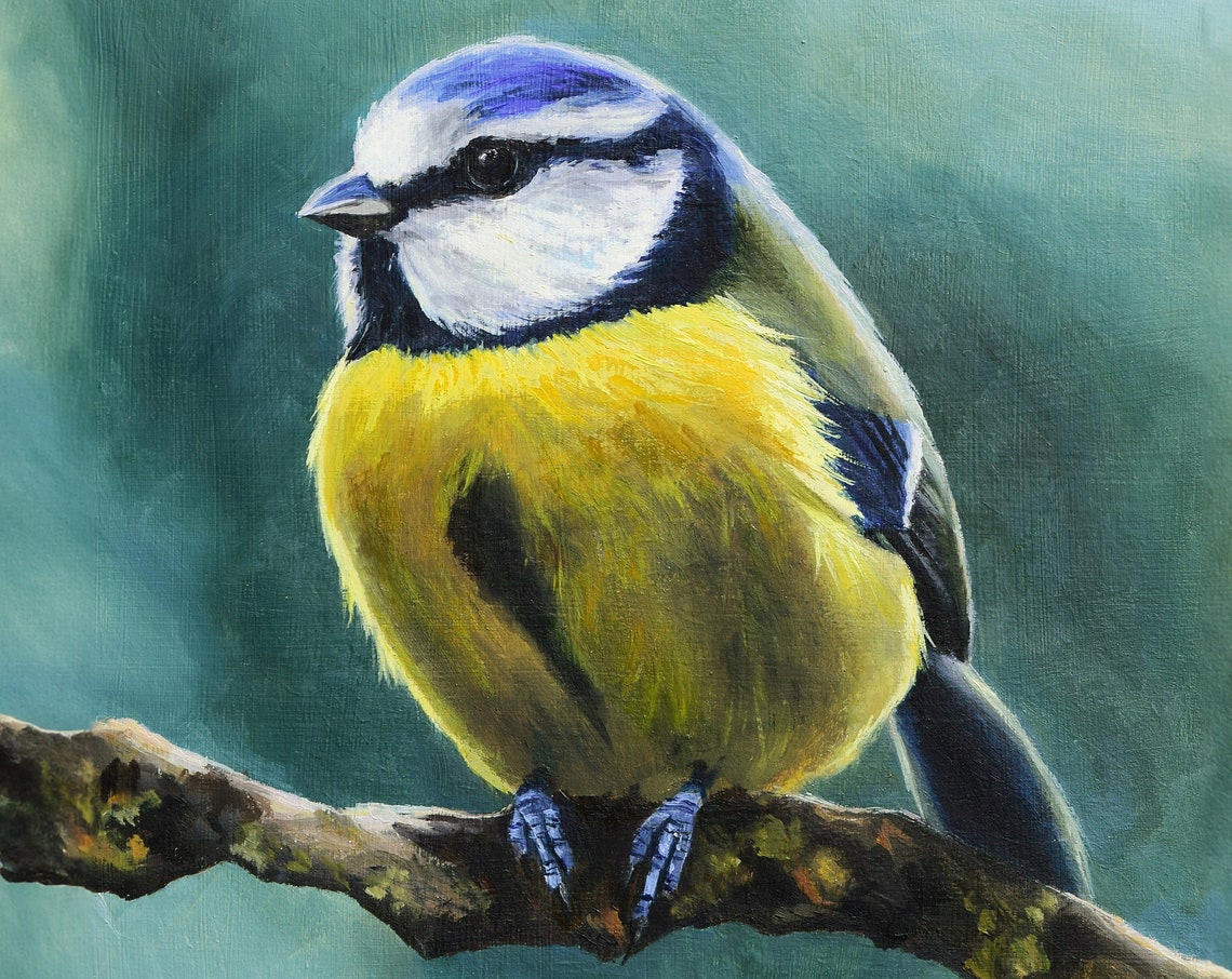 Eurasian Blue Tit Perched on a Branch Oil Painting Bird Poster