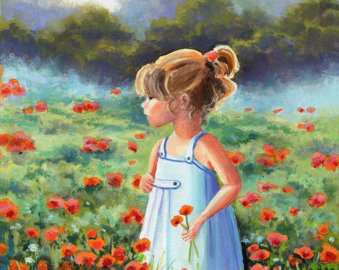 Little Girl in Poppy Field, Country Nursery Art Print