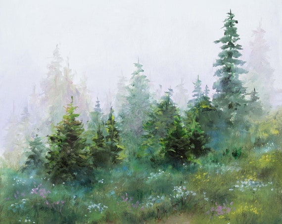 Foggy Trees Painting Original Misty Green Landscape Fir Trees Fog Neutral Living Room Decor Wall Art Moody Landscape Farmhouse Kitchen Art