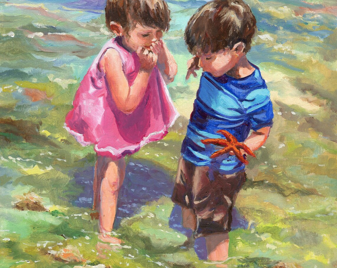 Children Playing at the Beach, Summer Seascape Art Print