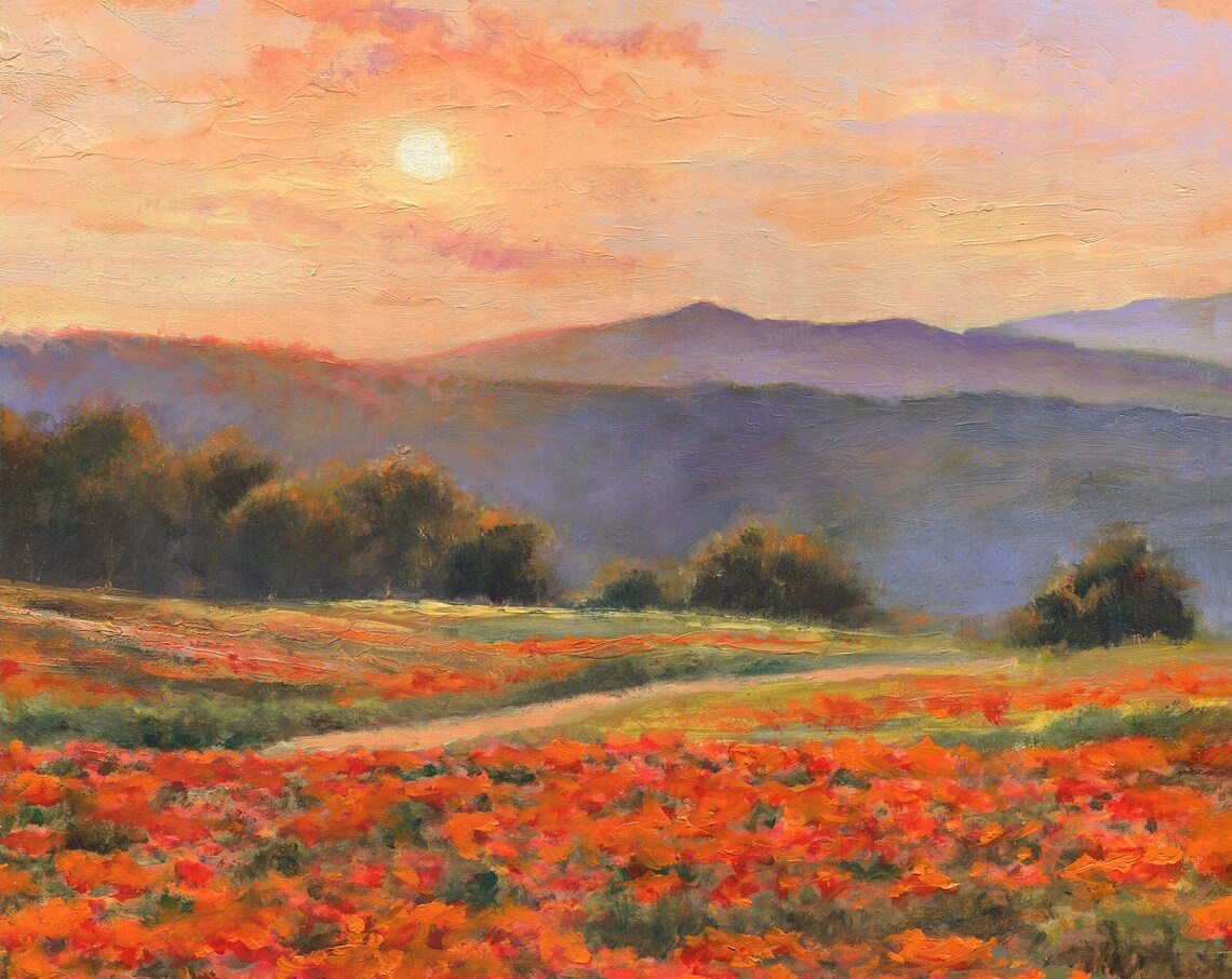 Poppies Meadow Impressionist Sunset Art Print