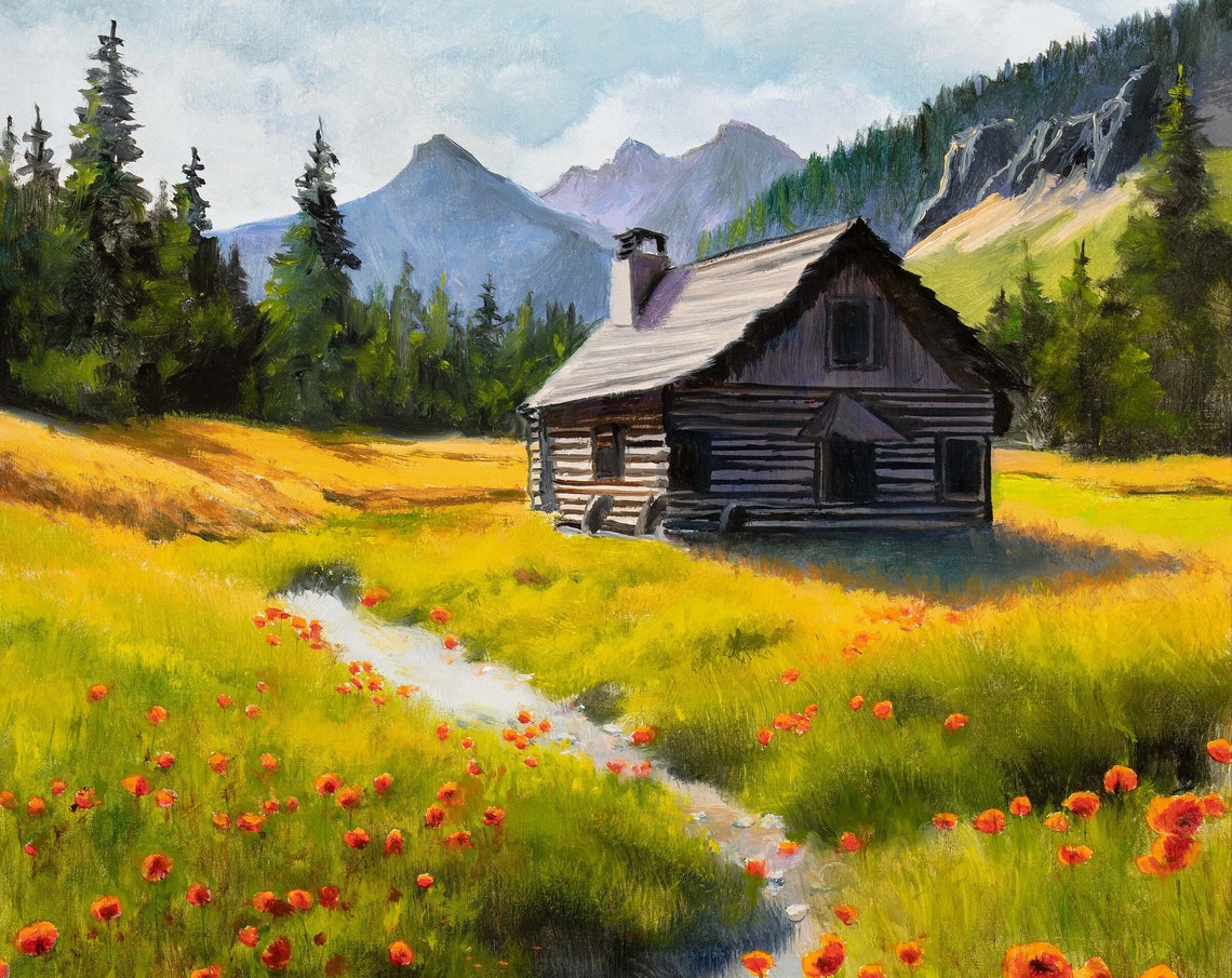 Rustic Log Cabin in a Mountain Wildflower Meadow with Stream Poster - Image 5