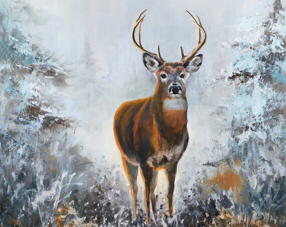 Whitetail Buck Facing Forward in a Snowy Misty Forest at Dawn Poster