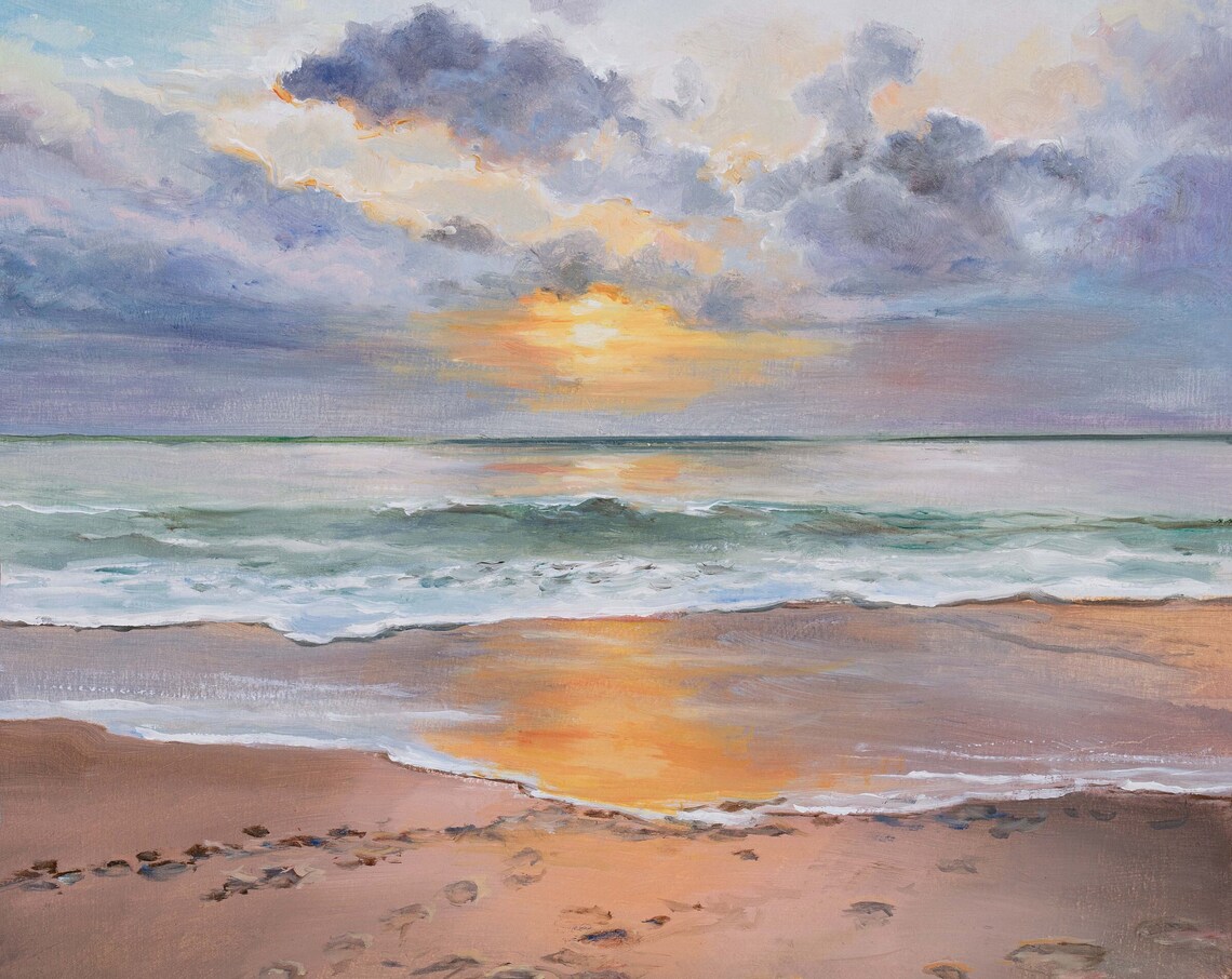 Quiet Beach Sunrise Sandy Shoreline Cloudy Morning Oil Painting Poster