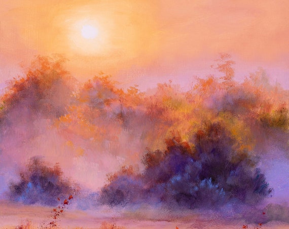Dawn Grassland Oil Painting Misty Morning Countryside Original Art Sunrise Foggy Meadow Prairie Sunset Landscape Warm Colors Wheat Field
