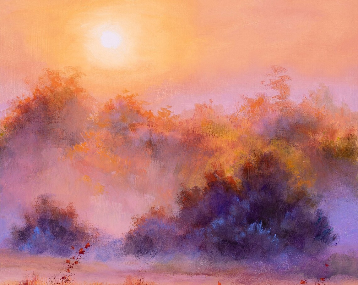 Misty Morning Grassland Peach Sunrise Foggy Meadow Oil Painting Poster