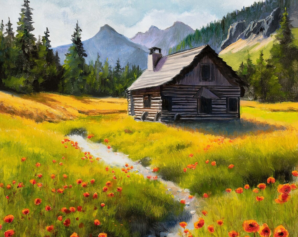 Mountain Log Cabin Poppy Meadow Stream Wilderness Oil Painting Poster