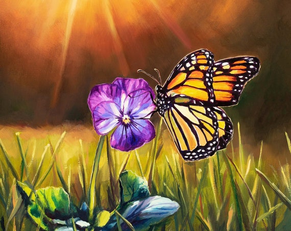 Original Monarch Butterfly Oil Painting Violet Flower And Butterfly Artwork Sunset Field Peaceful Floral Painting Butterfly Gift For Mom
